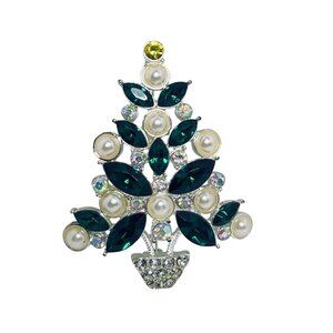 Avon Silver Tone Faux Pearl And Rhinestone Christmas Tree Brooch (6173)